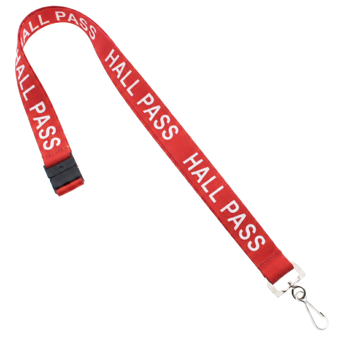 Red Hall Pass Lanyard - Safety Breakaway Lanyards with Swivel Hook (SPID-2190) with "HALL PASS" printed in white. It features a metal clip at the end for attaching items and a breakaway clasp for added school security.
