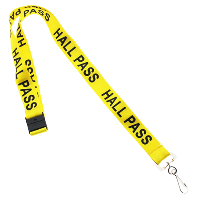 A Yellow Hall Pass Lanyard - Safety Breakaway Lanyards with Swivel Hook (SPID-2190) with "HALL PASS" printed repeatedly in black, featuring a metal clip at the end and a breakaway clasp for enhanced school security.
