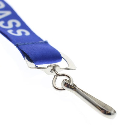 A close-up of a blue Hall Pass Lanyard - Safety Breakaway Lanyards with Swivel Hook (SPID-2190) ensures school security. Sold by Specialist ID.