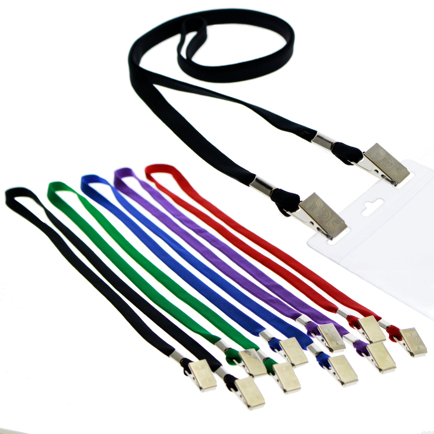 Double-Ended Lanyards with Bulldog Clips on Each Side Assorted Colors in various colors (black, green, blue, purple, red), each with a metal clip on  both ends for attaching to larger sized slot hole badge holders