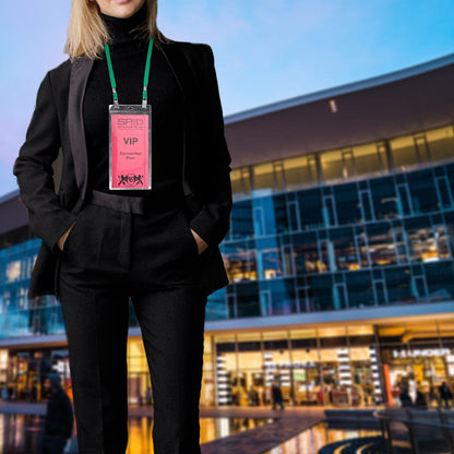 A person in a black suit stands in front of a modern building at dusk, wearing an ID holder with a red VIP badge on one of the 25 Pack Bulk Double-Ended Lanyards with Bulldog Clips on Each Side Assorted Colors. The badge reads "SPID Conference." Their hands are in their pockets.