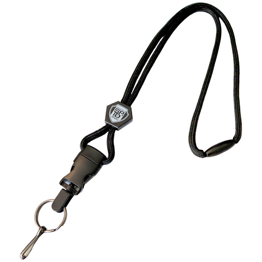 Black heavy duty breakaway lanyard with key ring, metal J-hook, detachable buckle, and adjustable diamond slide
