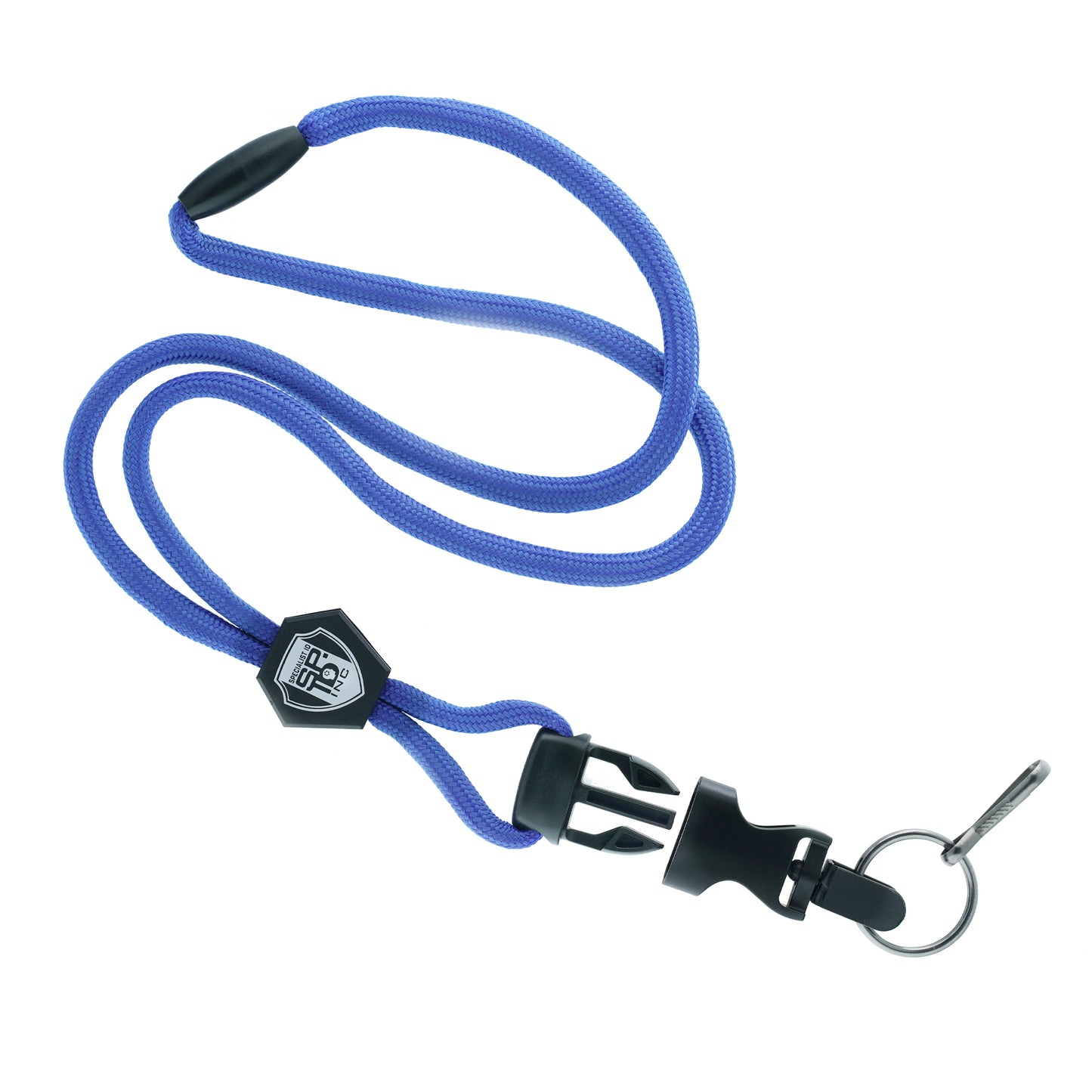 The Heavy Duty Breakaway Lanyard for ID Badges & Keys - Quick Release Keychain Lanyard (SPID-2460) is blue with dual black clips, a hexagonal centerpiece, a retractable cord, and heavy-duty swivel hooks.