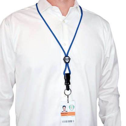A person in a white shirt is wearing a Heavy Duty Breakaway Lanyard for ID Badges & Keys - Quick Release Keychain Lanyard (SPID-2460) in blue. Sold by Specialist ID.