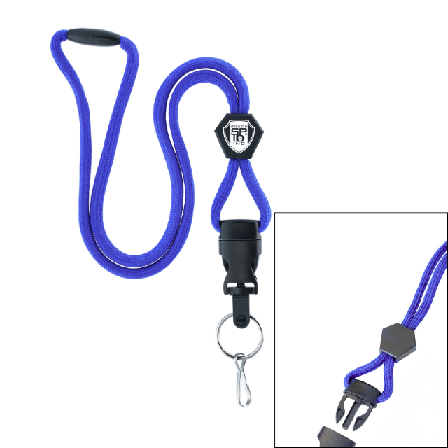 The Heavy Duty Breakaway Lanyard for ID badges and keys (SPID-2460) features a thick cord, diamond slide, detachable buckle, and metal keyring—shown fully extended with a close-up inset of the detachable section.