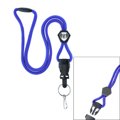The Heavy Duty Breakaway Lanyard for ID badges and keys (SPID-2460) features a thick cord, diamond slide, detachable buckle, and metal keyring—shown fully extended with a close-up inset of the detachable section.