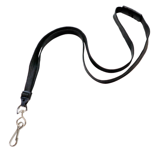The Short Breakaway Lanyard with Metal Swivel Hook (SPID-2470), designed for students, youth, and smaller frames, is coiled neatly on a white background.