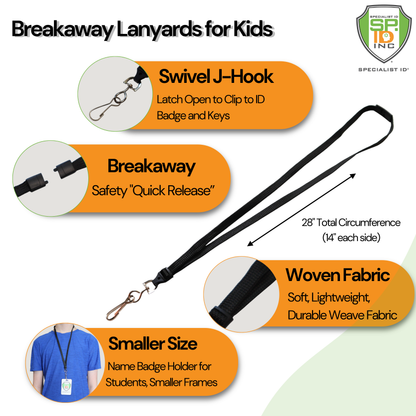 The Short Breakaway Lanyard with Metal Swivel Hook (SPID-2470) is sized for youth and smaller frames, features woven fabric, a safety breakaway clasp, and a metal swivel hook. Inset images show its fit and key features for students.