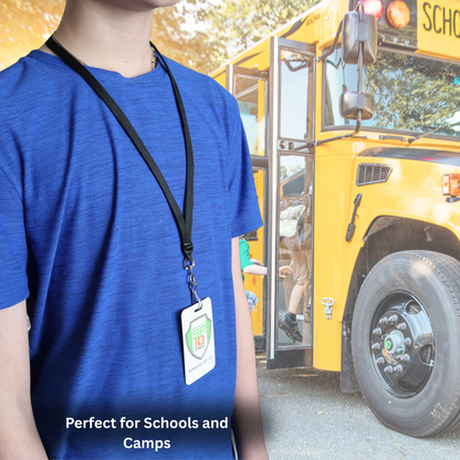 A person in a blue shirt with an ID badge on the Short Breakaway Lanyard with Metal Swivel Hook—ideal for students, youth & smaller frames (SPID-2470)—stands by a yellow school bus as students board. Text: "Perfect for Schools and Camps.