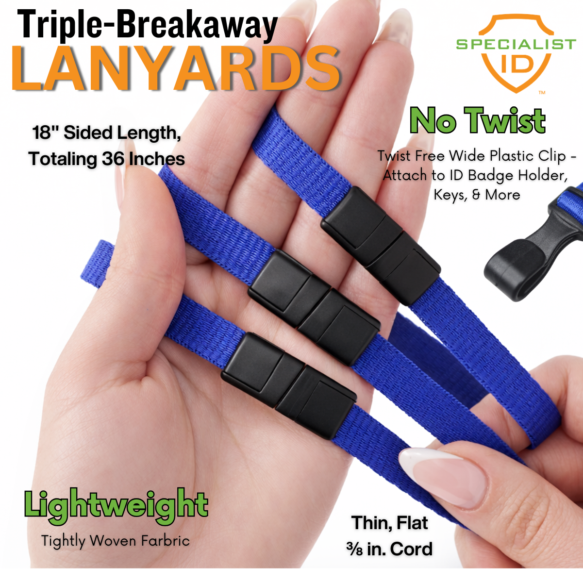 Hand holding Triple Breakaway Lanyard with THREE Safety Breakaway Points (2137-300X), featuring blue no-twist design, black breakaway clasps, lightweight fabric, and 18-inch sides.