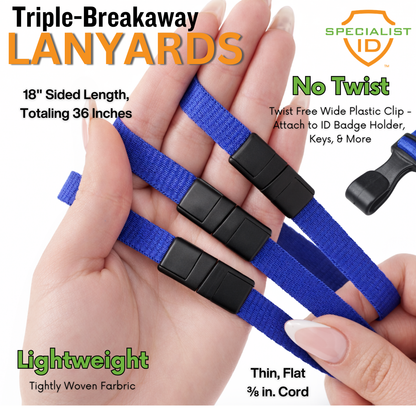 Hand holding Triple Breakaway Lanyard with THREE Safety Breakaway Points (2137-300X), featuring blue no-twist design, black breakaway clasps, lightweight fabric, and 18-inch sides.