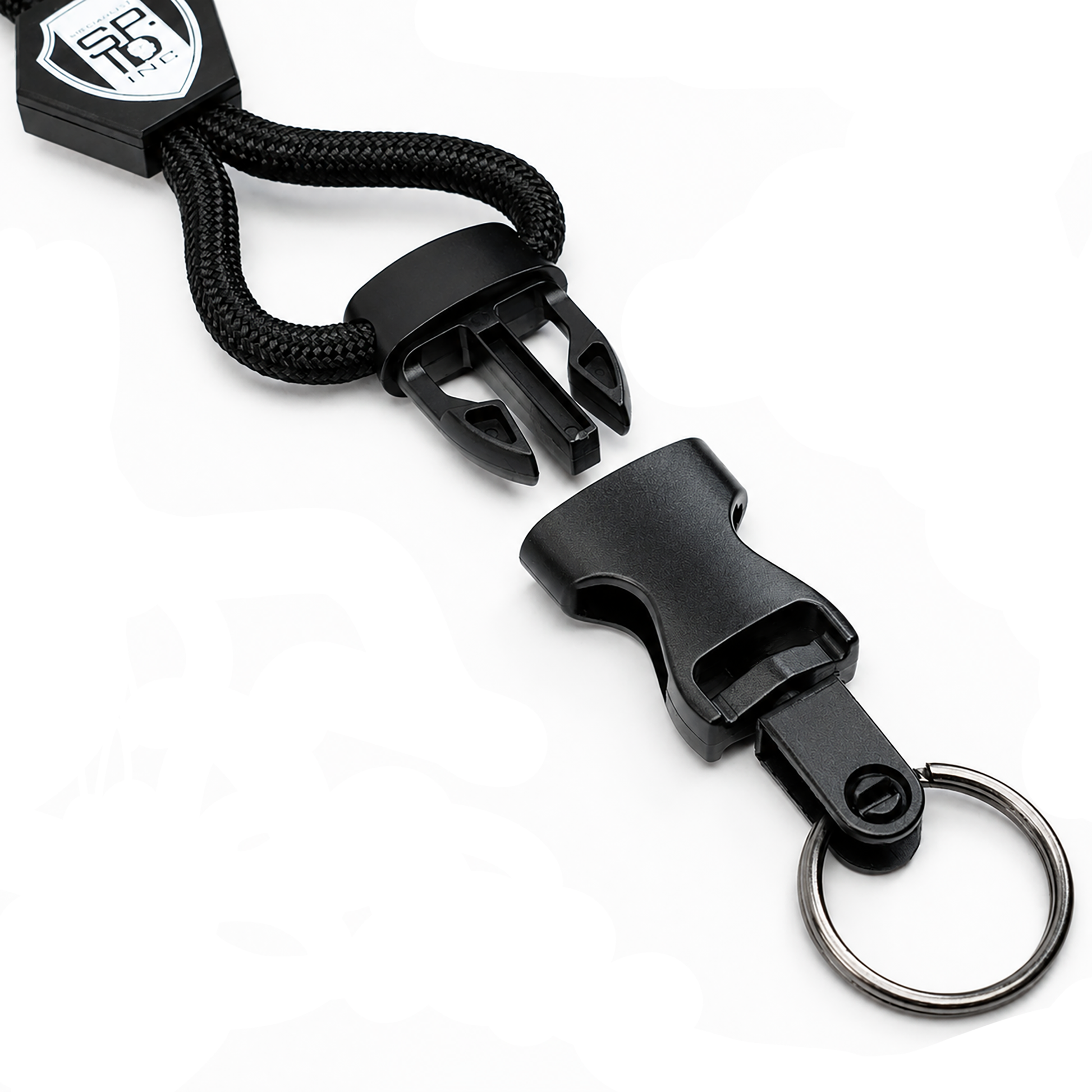 The Custom Heavy Duty Breakaway Lanyard With Detachable Key Ring (2135-454X) is pictured on a white background, featuring a black plastic quick-release buckle, braided loop, and metal key ring—ideal for versatile use as a heavy duty breakaway lanyard with detachable key ring.