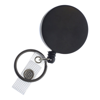The Heavy Duty Badge Reel with Key Ring and Badge Strap - All Metal Retractor with Belt Clip - Black & Chrome (SPID-3180) features a metal keyring and a white mesh strap attached to it.