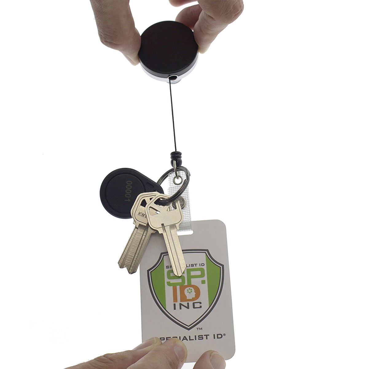 Heavy Duty Badge Reel with Key Ring and Badge Strap - All Metal Retractor with Belt Clip - Black & Chrome (SPID-3180)