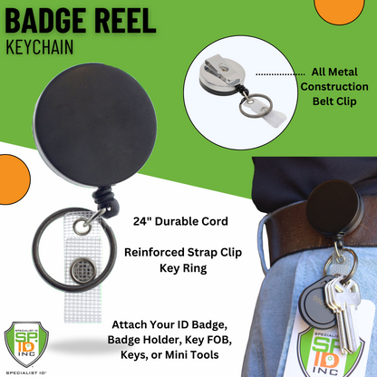 The Heavy Duty Badge Reel with Key Ring and Badge Strap - All Metal Retractor with Belt Clip (SPID-3180), featuring a 24" durable cord, reinforced strap, and secure clip. The black and chrome all-metal construction belt clip and key ring ensure longevity. Includes a usage example of attaching an ID badge to a belt.