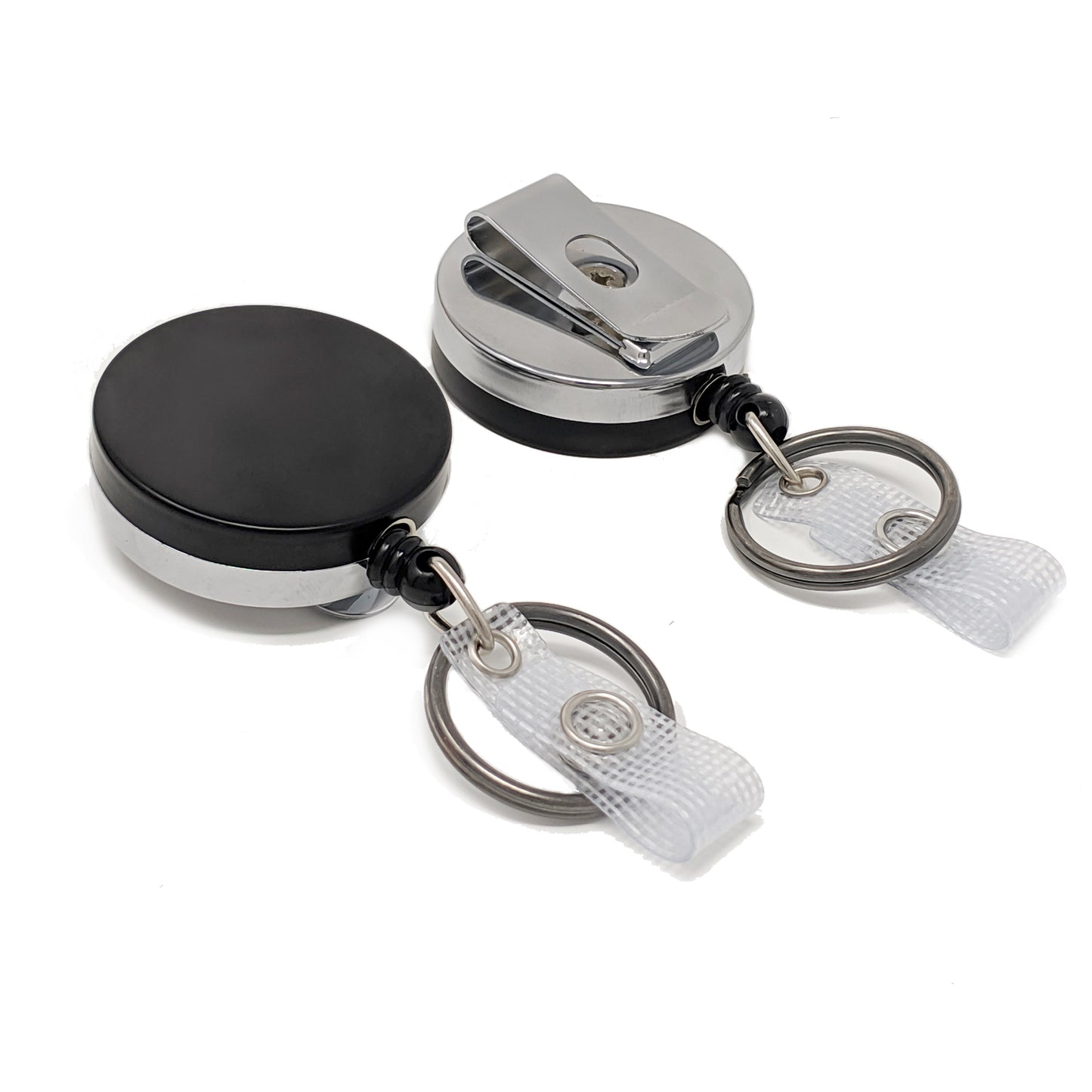 The Heavy Duty Badge Reel with Key Ring and Badge Strap (SPID-3180) is an all-metal black & chrome retractor with belt clip—ideal as a durable retractable keychain or belt clip key holder for everyday use.