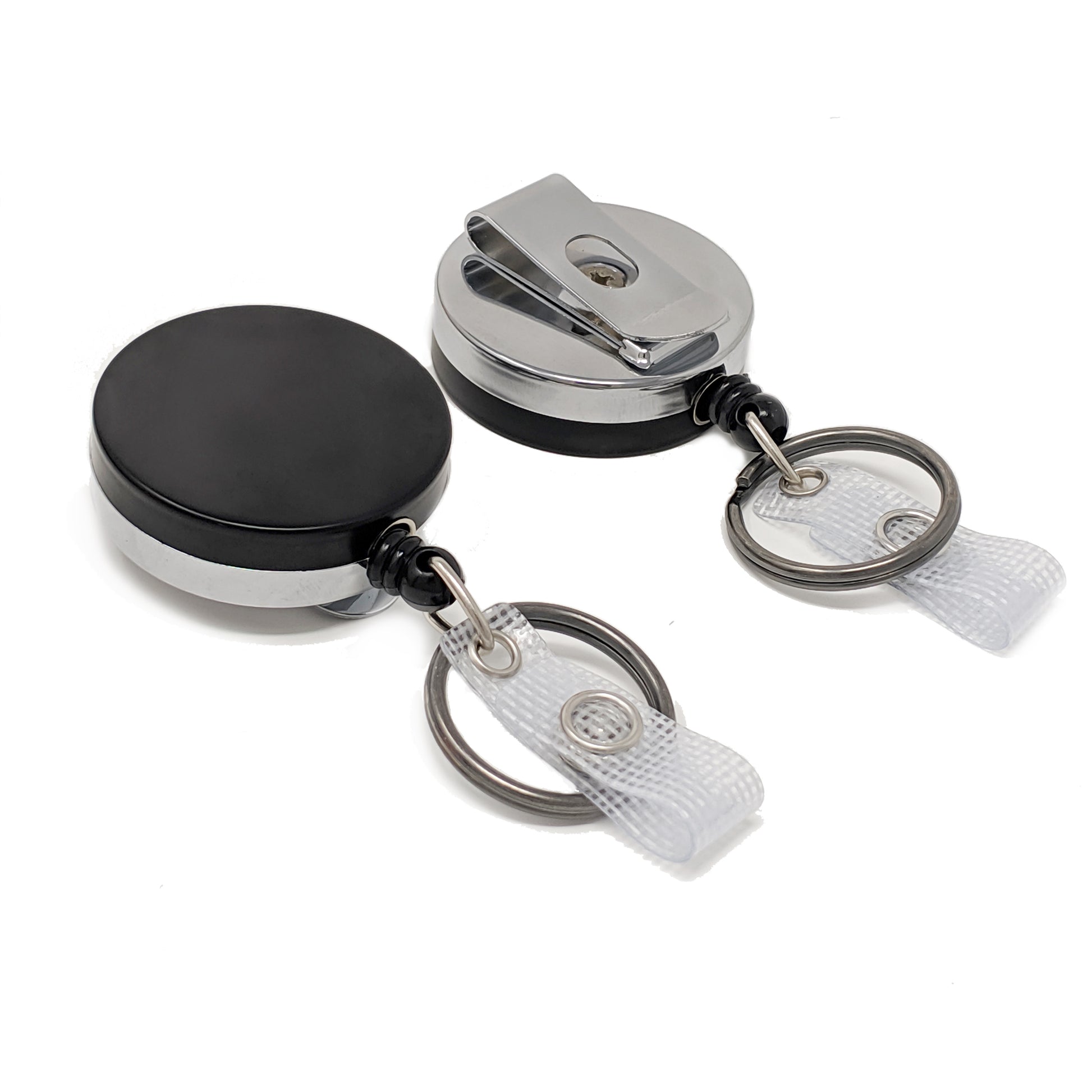 The Heavy Duty Badge Reel with Key Ring and Badge Strap (SPID-3180) is an all-metal black & chrome retractor with belt clip—ideal as a durable retractable keychain or belt clip key holder for everyday use.