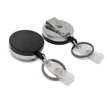 The Heavy Duty Badge Reel with Key Ring and Badge Strap (SPID-3180) is an all-metal black & chrome retractor with belt clip—ideal as a durable retractable keychain or belt clip key holder for everyday use.