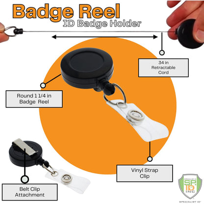 Image showing a Badge Reel with Belt Clip (P/N 2120-303X) with a 34-inch retractable cord, a 1 1/4-inch round body, a vinyl strap clip for holding ID badges, and a convenient belt clip attachment.