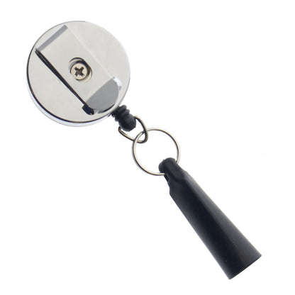 Image of a shiny metal Heavy Duty Retractable Pull Pen & Pencil Holder Reel SPID-3240 with a black plastic cord holder attached to a key ring and an integrated belt clip.