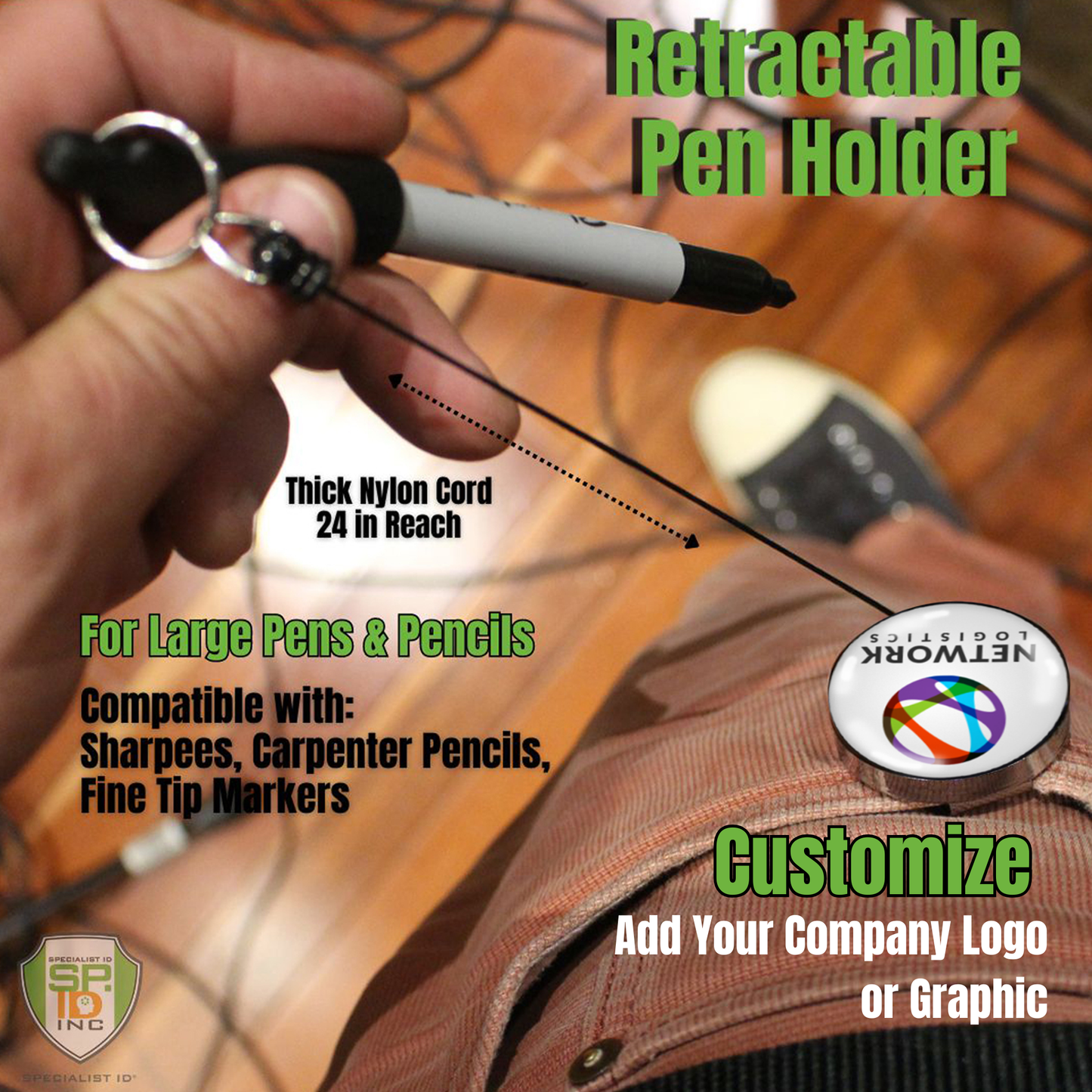 A person uses a Custom Pen Reel—Heavy Duty with belt clip and thick nylon cord, attached to a marker. The badge reads "NETWORK" and can be customized with your logo. Sold by Specialist ID.