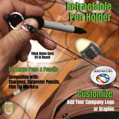 A person uses a Custom Pen Reel—Heavy Duty with belt clip and thick nylon cord, attached to a marker. The badge reads "NETWORK" and can be customized with your logo. Sold by Specialist ID.