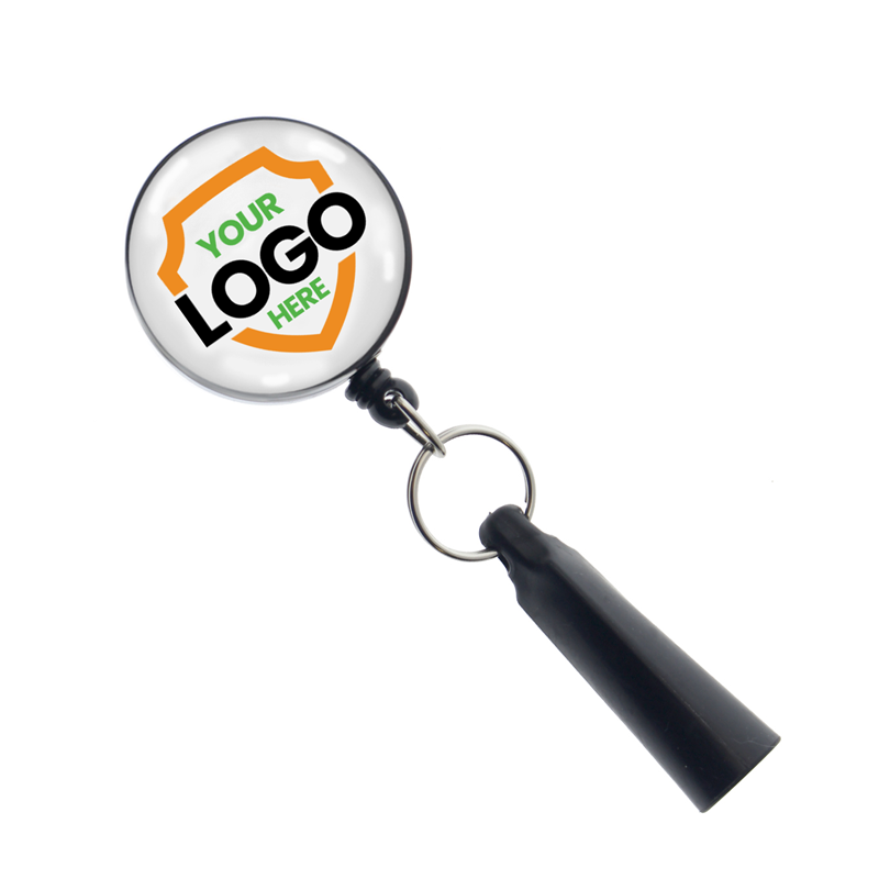 A heavy duty custom printed pen reel with a belt clip, featuring your uploaded logo. Sold by Specialist ID.