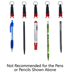Five Custom Pen Reels with belt clips are shown below five crossed-out pen toppers, with text stating these toppers are not recommended for use with the displayed Heavy Duty Custom Printed Pen Reels.