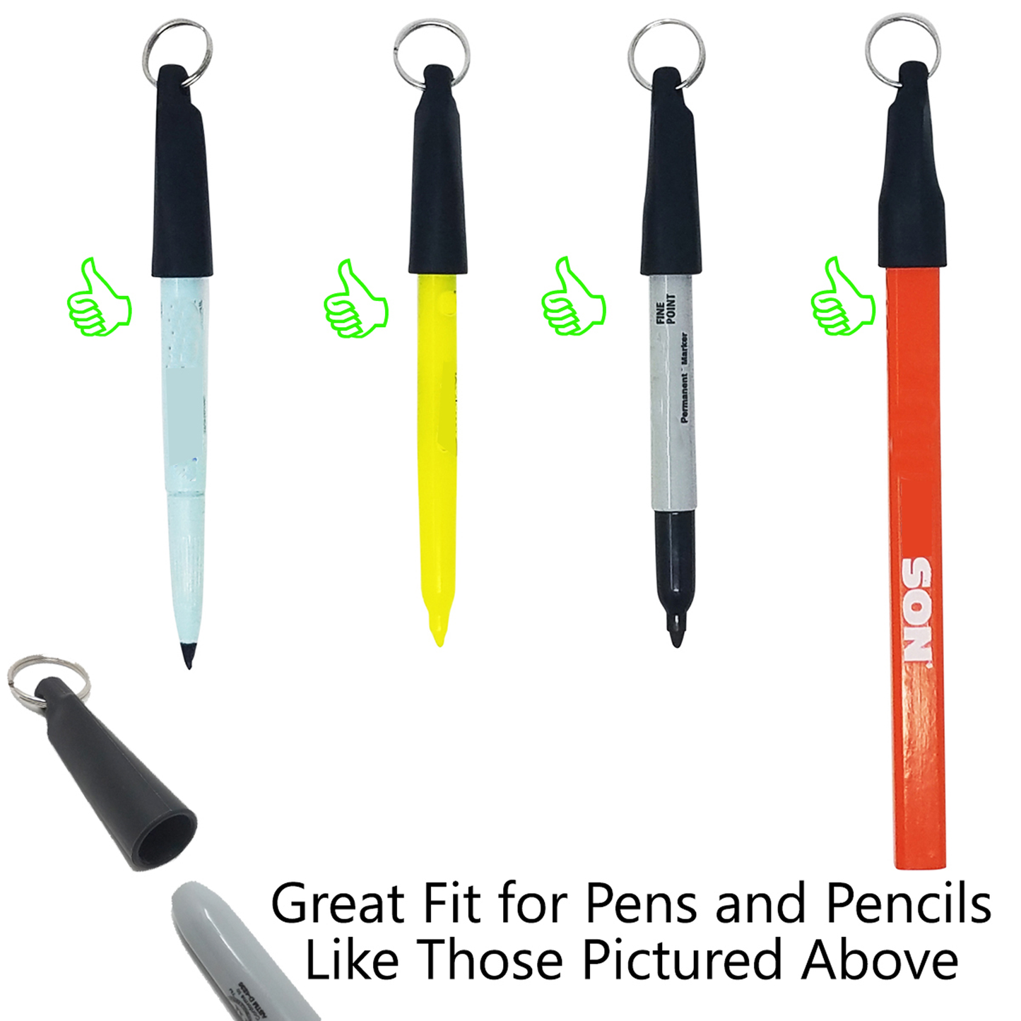Four Custom Pen Reels with belt clips are shown, featuring black cap keychain holders. Green thumbs-up icons indicate compatibility. Customize with your logo for heavy-duty use. Sold by Specialist ID.