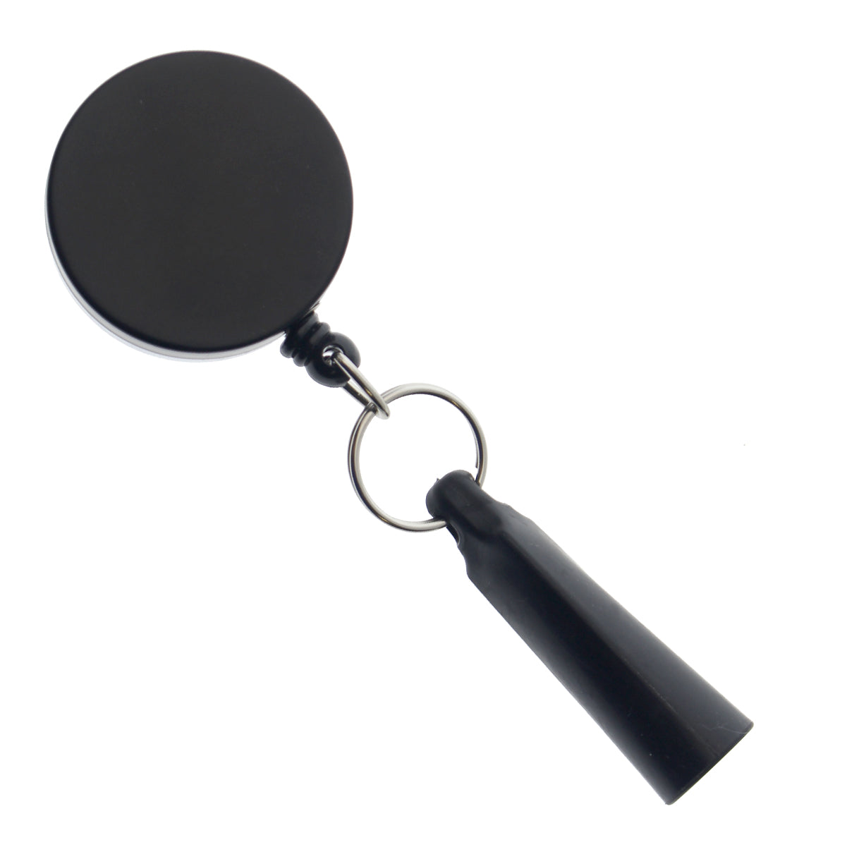 A black, Heavy Duty Retractable Pull Pen & Pencil Holder Reel SPID-3240 with a belt clip and a plastic snap attachment. The reel is connected to a key ring.