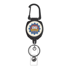 A custom Compact Key-Bak Retractable Carabiner ID Badge Reel with Key Ring and your logo, featuring the Engineering College logo with a gear and book design in the center. Attached is a clear plastic ID holder.