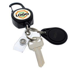 A Custom Compact Key-Bak Retractable Carabiner ID Badge Reel with Key Ring and Your Logo holds a standard key, a round digital key fob, and a clear plastic tag attached by a sturdy retractable Kevlar cord.