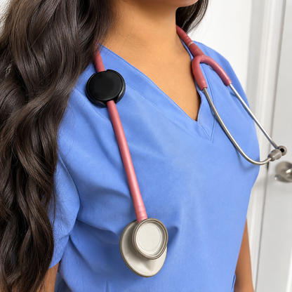 A person in blue scrubs with a pink stethoscope featuring a Stethoscope ID Tag Cover with writable surface (SPID-3820) stands indoors near a white door.