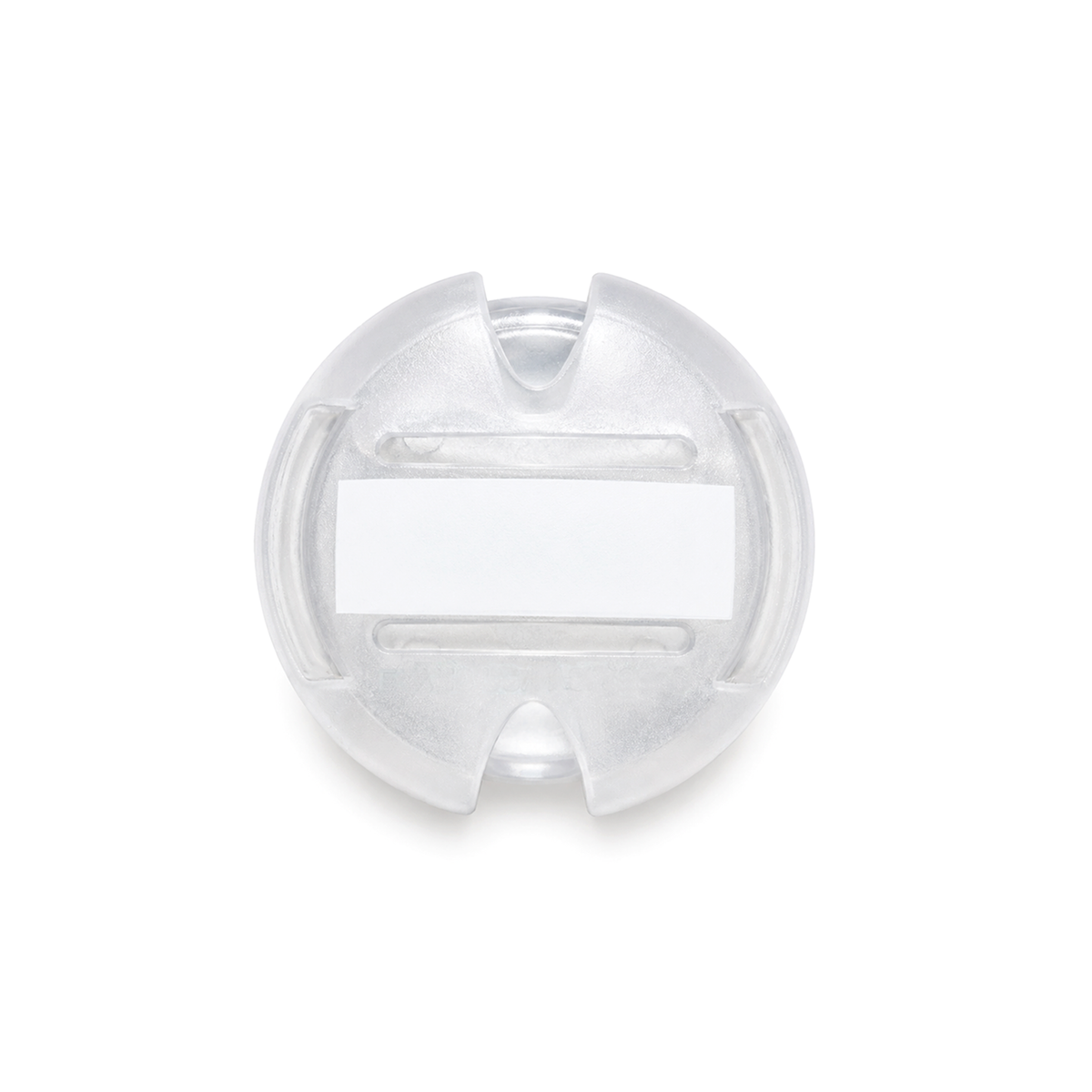 A clear plastic circular stethoscope ID tag cover with a white horizontal rectangular writable label area in the center to personalize your stethoscope, shown on a plain white background. 