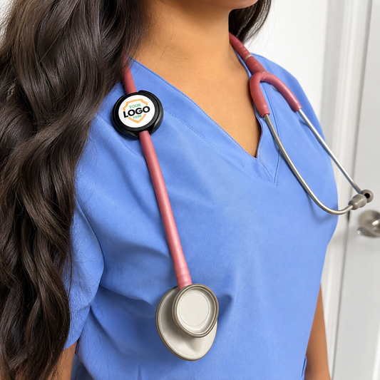 A person wears blue scrubs and a stethoscope with a Custom Stethoscope ID Tag displaying their logo, plus a round badge holder, standing indoors.