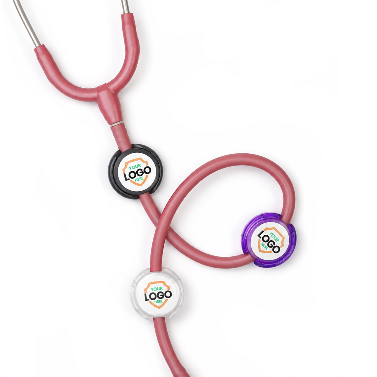 The Custom Stethoscope ID Tags let you upload your logo to personalize your stethoscope with three interchangeable diaphragm covers in black, white, and purple—ideal for medical staff identification or adding unique stethoscope tags.