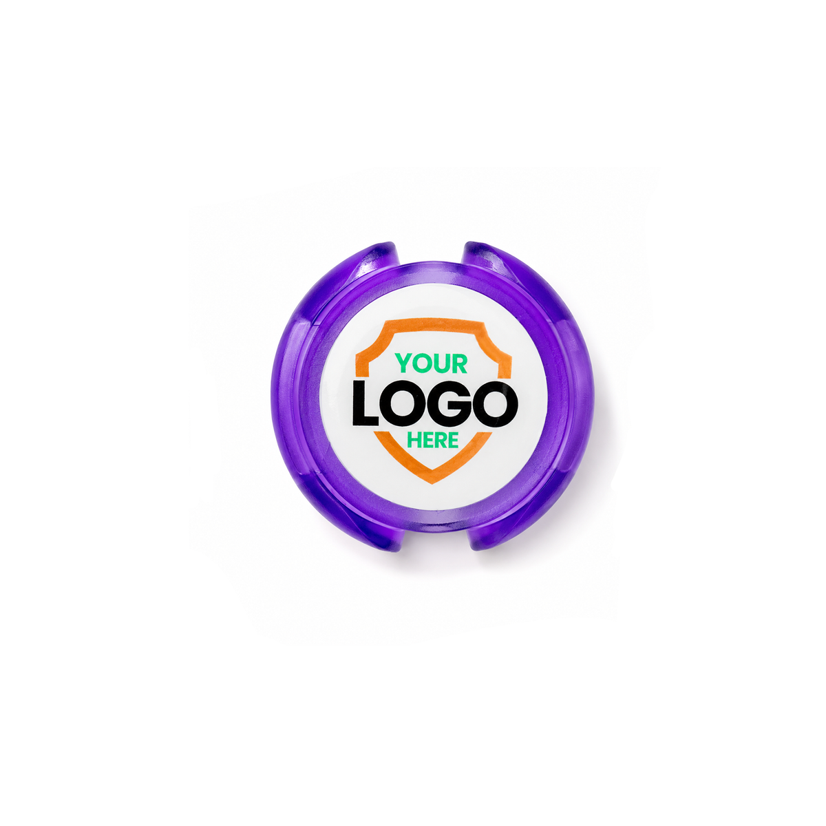 SPID-3820-PURPLE-DOME Translucent Purple / Dome label - Custom Stethoscope ID Tags—white and purple with a shield design and "YOUR LOGO HERE"—perfect for medical staff identification. Upload your logo to personalize for unique stethoscope tag needs.