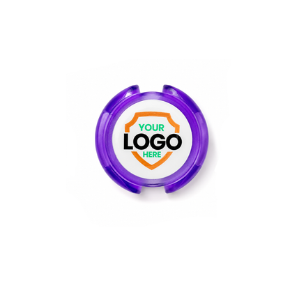 SPID-3820-PURPLE-DOME Translucent Purple / Dome label - Custom Stethoscope ID Tags—white and purple with a shield design and "YOUR LOGO HERE"—perfect for medical staff identification. Upload your logo to personalize for unique stethoscope tag needs.