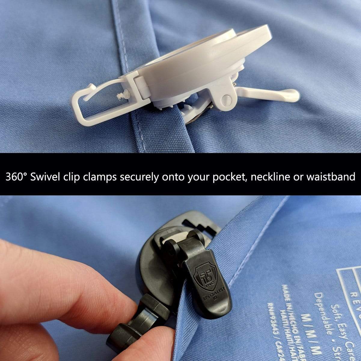 Close-up image showing a 360° swivel clip being clamped securely onto a pocket, neckline, or waistband of blue fabric. Text overlay describes the clip's features, highlighting its compatibility with the Custom Non-Magnetic Badge Reel with Plastic Clip - No Twist Design - Add Your Logo for added convenience.