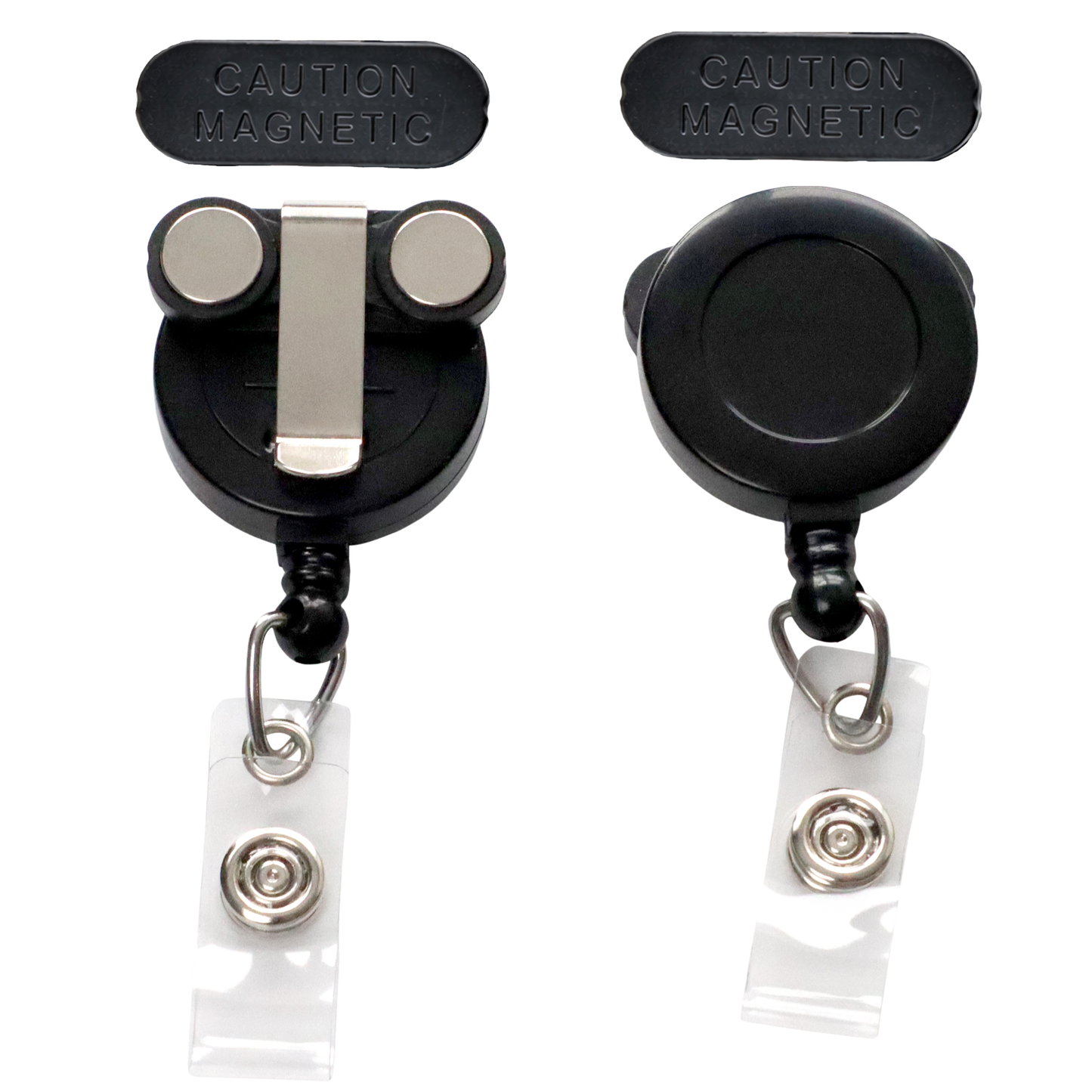 The Magnet Badge Reel (P/N SPID-3370) includes two black retractable reels with clips (front and back views), metal  belt clip attachment, and vinyl ID strap accessory. Its sleek design suits any outfit, while its sturdy construction ensures lasting reliability.