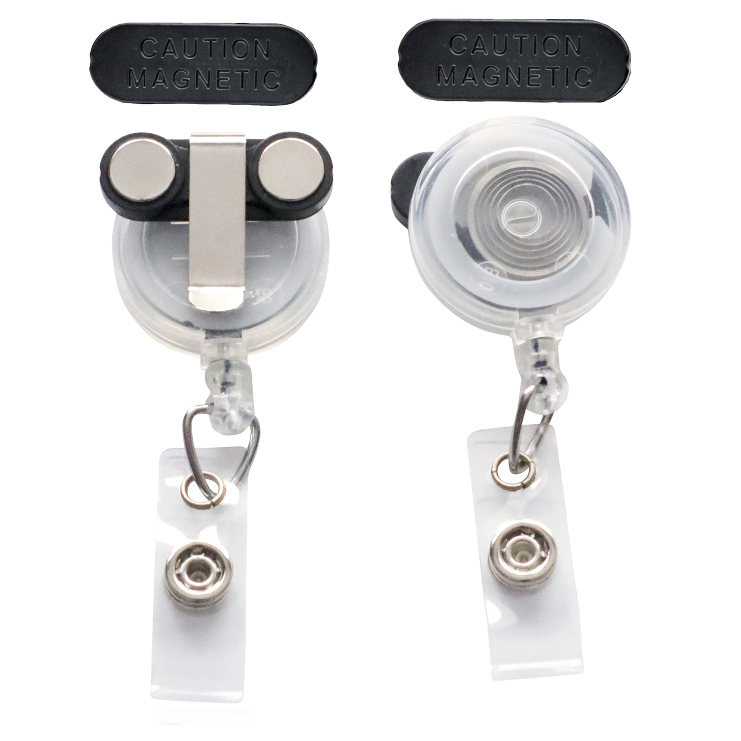 Two translucent clear Magnet Badge Reels (P/N SPID-3370) shown from front and back with belt clip and metal fastener, beside two rectangular plates. Each reel includes a magnetic back for easy use as name badge holders.