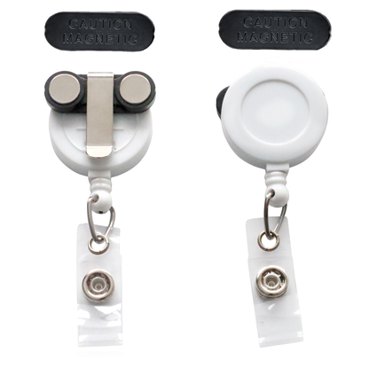 Two White Magnet Badge Reels  (P/N SPID-3370), retractable magnetic badge holders for shirt pockets, shown front and back with clips, key rings, and additional metal strap clips above.
