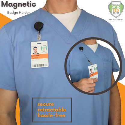 A person in blue scrubs sports the Magnet Badge Reel, a retractable magnetic badge holder (P/N SPID-3370), clipped to the chest pocket, with an ID card that reads "secure, retractable, hassle-free.