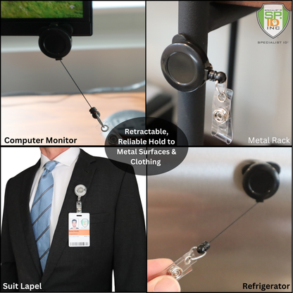 The Magnet Badge Reel (P/N SPID-3370) is a retractable badge holder that can be magnetically attached to a computer monitor, metal rack, suit lapel, or refrigerator for versatile use.
