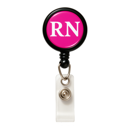 The RN Badge Buddy Reel with Swivel Spring Clip features a retractable badge holder combining a Nurse Badge Buddy and reel in one, with a pink face, white "RN" letters, and a transparent plastic clip—ideal for nurses.
