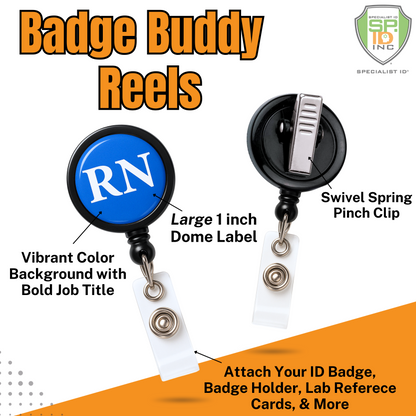 The MD Badge Buddy Reel with Swivel Spring Clip combines an MD badge buddy and retractable reel, ideal for doctors’ hospital work badges, ID holders, and cards. Sold by Specialist ID.