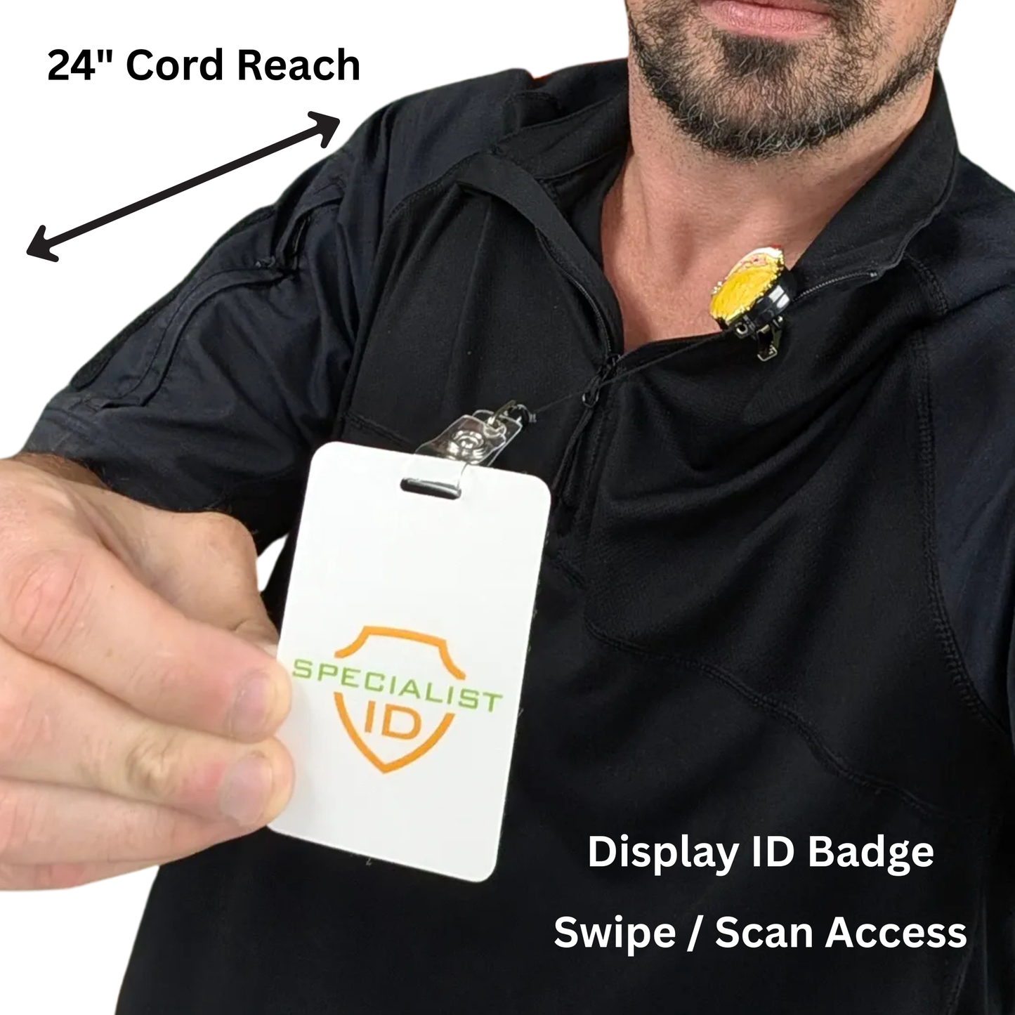Person wearing a black jacket with a Specialist ID display ID badge and 24-inch cord reach highlighted.