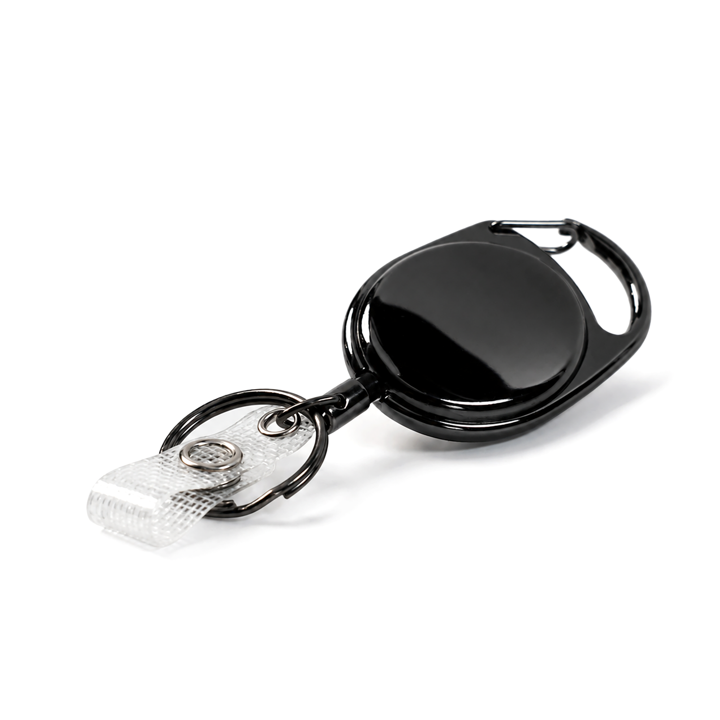 SPID-3440 metal carabiner retractable badge reel with black nickel key ring and reinforced clear ID strap, shown on a clean white background.