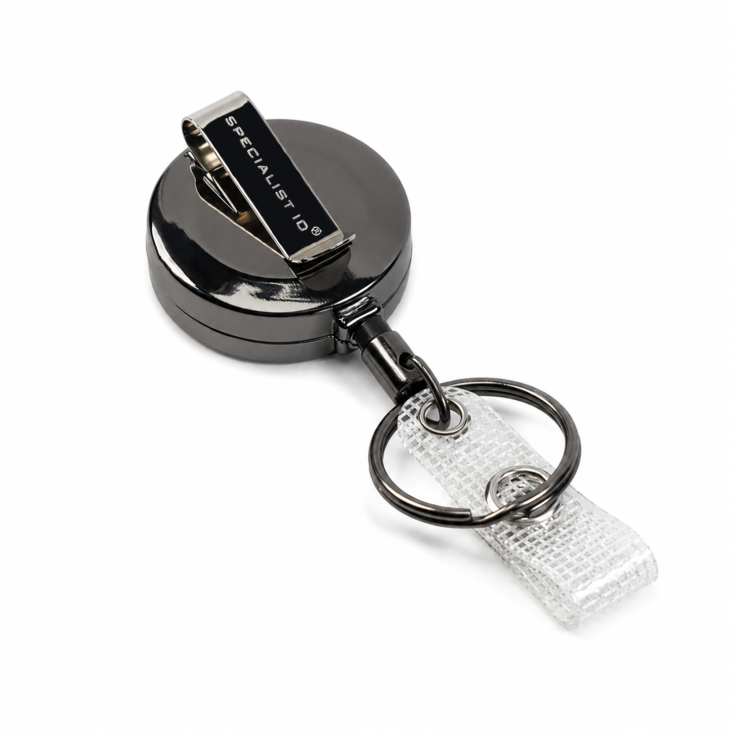 SPID-3450 metal round retractable badge reel with a silver metal clip engraved with 'SPECIALIST 10', attached to a clear textured strap on a white background.