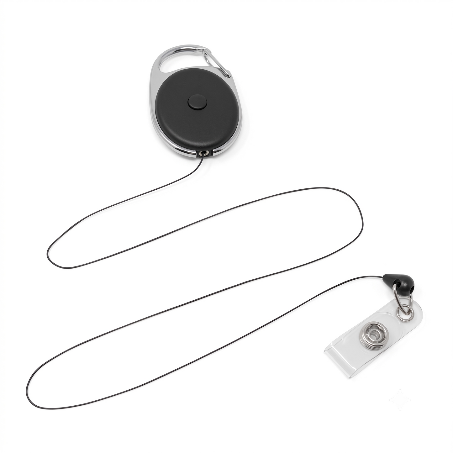 The Carabiner Locking Badge Reel with Push Button Cord Release (SPID-3530) features a black round design, a thin extendable cord, and a clear plastic ID card holder clip for secure, convenient daily use.